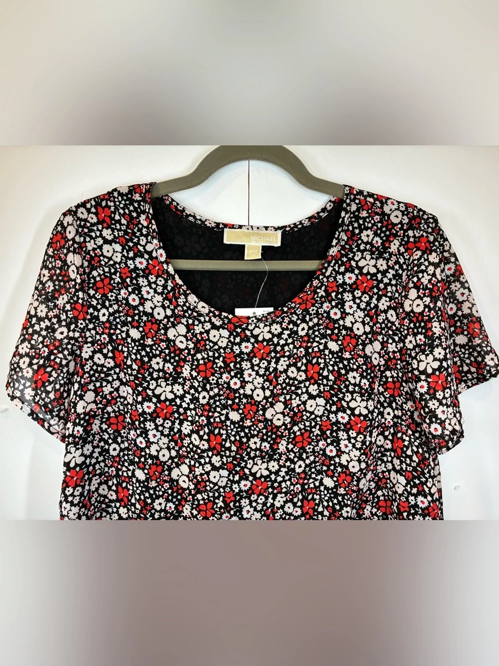 Michael Kors Floral Layered Chiffon Blouse Black Red White Petite Medium NWT